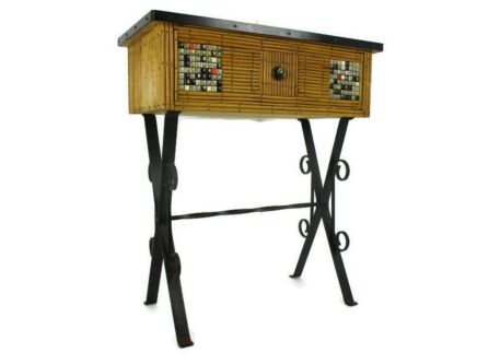 Rattan Wicker Bamboo Cabinet Tiki Boho cottage Style Vintage Rare Beautiful with Ceramic Mosaic tiles