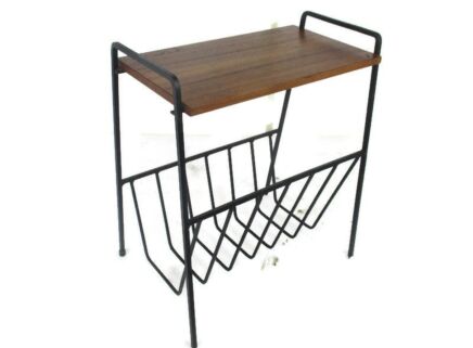 Vintage Mid Century Modern Magazine Newspaper Basket Side Table Funky Wrought Iron Wooden Top Modernist