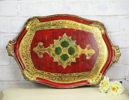 Large Italian Mid Century Hollywood Regency Florentine Serving Tray Gold Red
