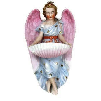 XL French Holy Water Font Angel Hand Painted Bisque Pastel Collector HTF 10.62"