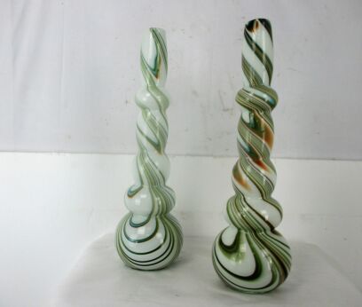 Pair Funky Cased Studio Art Glass Vases Abstract Waves Large Hooped Gorgeous  