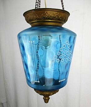 Antique Light Pendant Shade Blue glass Enamel Ornate Brass HTF Gorgeous