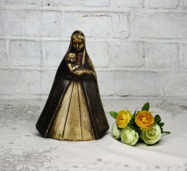 Art Deco Virgin Mary Madonna Holy Mother Infant Jesus Plaster Statue Brown Robe 