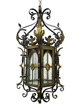 Antique Gothic Chandelier Pendant Lantern 1 light Wrought Iron Leaded Glass WOW
