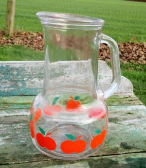Vintage Lovely Serving Pitcher Jar Jug Clear Glass Red Apples