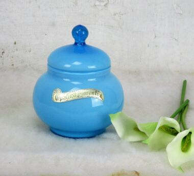 Vintage Italian Blue Cased Opal Glass apothecary jar Candy Opaline Florentine