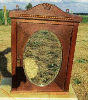 Vintage Carved Wood medicine Apothecary Cabinet Beveled Glass mirror Hobnails