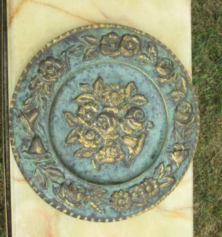 Vintage Italian Ornate Copper Wall Plaque Flowers Decorative Lovely Green Gold