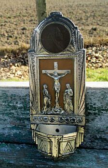 Vintage French art Brass Holy Water Font Crucifix Virgin Mary Wall Hanging