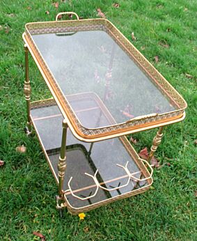 Vintage Mid Century Retro Smoked Glass Brass Coctail Bar Cart Tea Cart Serving Tray
