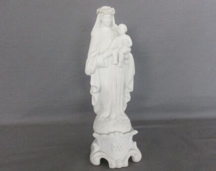 Antique Bisque Porcelain Statue Virgin Our Lady Mary Madonna with Infant Jesus Flower Wreath Garland 8.26"