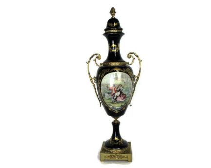 French Large Vase Centerpiece Urn Cobalt Blue Porcelain Sevres 1950's Marked ACF