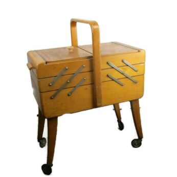 XL Vintage Danish Modern Sewing Box Basket Stand Accordion Wheels Inlay teak
