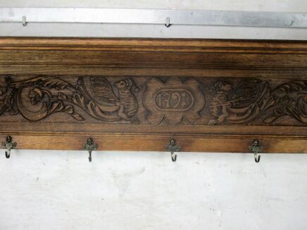 Huge hand Carved Oak Wall Shelf Coat Hat Kitchen Rack Peacocks Mid Century