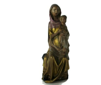 Statue Sitting Our Lady Virgin Mary Infant Jesus Child Sedes Sapientiae Plaster Polychrome Large Beautiful