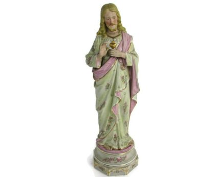Antique French Statue Bisque Porcelain Jesus Christ Holy Sacred Heart 18.89"