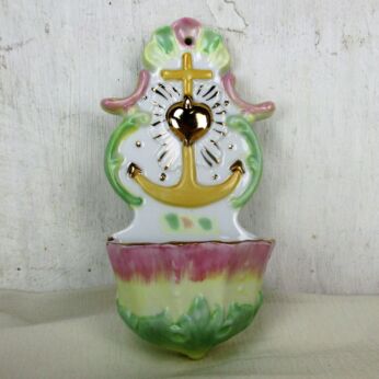 Vintage Holy Water Font Vessel Pastel Faith Hope Love Sweet Porcelain Bisque