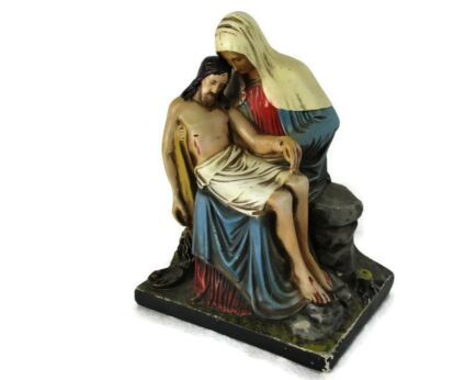 Polychrome Statue Pieta Plaster Jesus Christ Virgin Mary Holy Mother Sculpture Vintage