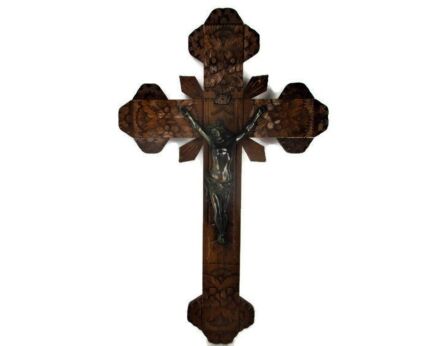 Large Hand Carved Wood Ornate Hanging Crucifix Cross Jesus Christ Spelter Corpus 29.13" Gorgeous