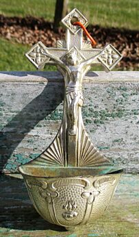 Vintage French art Brass Holy Water Font Crucifix Wall Hanging