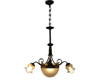 Antique French Empire Chandelier Etched Glass Sconce 4 Lights Lamps Art Deco