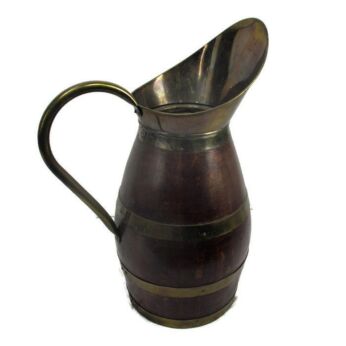 Antique Large Wooden Brass Hoops Wine Pitcher Jar Primitive Ewer Decorative