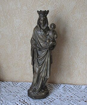 Belgian Antique Virgin Mary Madonna with Child Chalk Plasterware Statuette Jesus Catholic Church