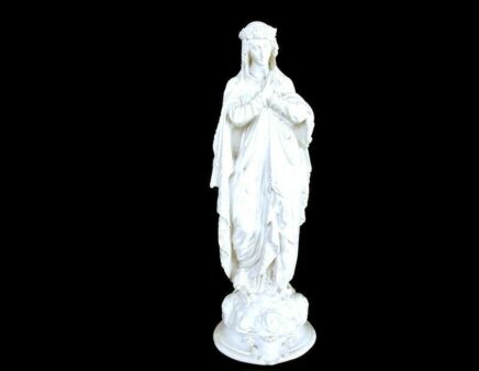 Statue Virgin Our Lady Mary Madonna Flower Garland Folded Hands Antique Figurine Resin Beautiful
