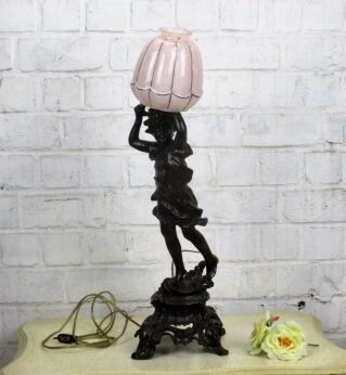 Bronze Brass Angel Putti Table Desk Lamp Art Nouveau Pink Shade Signed