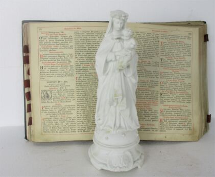 Antique Bisque Porcelain Statue Virgin Our Lady Mary Infant Child Exquisite Gorgeous 12.99"