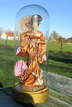 Vintage Round Globe Dome Wax Geisha Asian Figurine Doll Statue 14.65" Very Rare