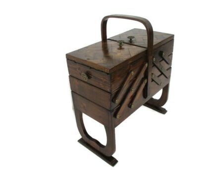 Art Deco Wooden Sewing Box Basket Stand Torck Style Accordion Checkered Pattern Farm Country style HTF