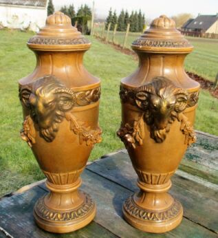 Gorgeous Couple Pair of Ornate Plaster Urn Mantle pieces Rams heads Decorative