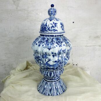 Antique 19th C XL Marked The three Clocks Delft Vase Urn Peacocks HTF 20.86"