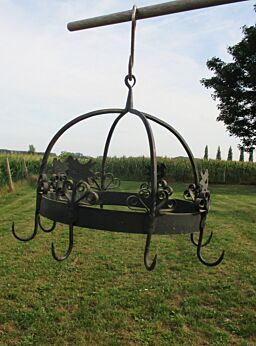 antique Hanging Butcher Rack Cast Wrought Iron 8 hooks BIrds French Rustic