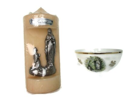 French Set Lourdes Virgin Mary Apparation Limoges Cup and Gorgeous Candle Rare Collector