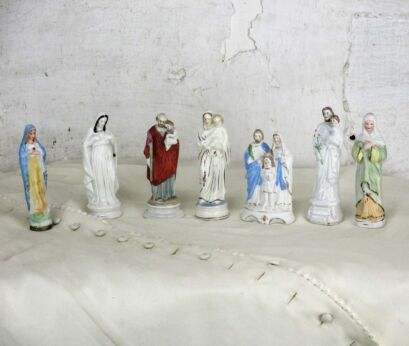 7 Mini Antique Statues Madonna Notre Dame Porcelain Bisque Holy Family HTF