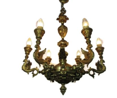 Gothic Chandelier 6 Arms Lights Cariatides Faces Dragons Brass Impressive WOW