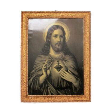 Vintage Antique Wooden Ornate Frame Sacred Heart Jesus Christ Iconic Print