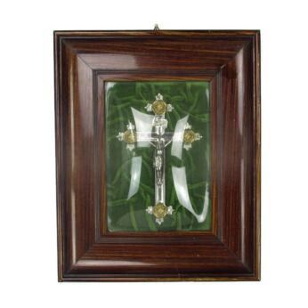 Antique Wooden Frame Green Velvet Convex Glass Crucifix Cross Corpus Christi