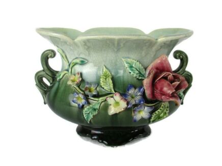 Antique French Barbotine Majolica Applied Roses Basket Centerpiece Planter Beautiful
