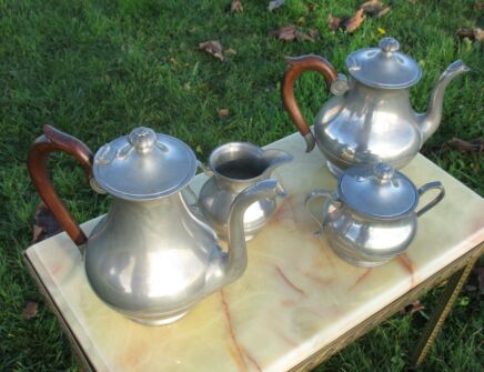 Vintage Pewter Roders Zimm Tea Coffee set Coffee Can Tea Can Sugar Milk Pot Wood