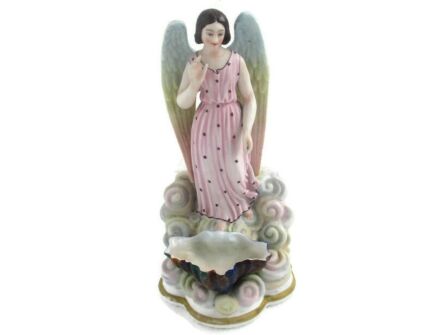 L French Holy Water Font Angel Hand Painted Bisque Porcelain Collector HTF 8.54"