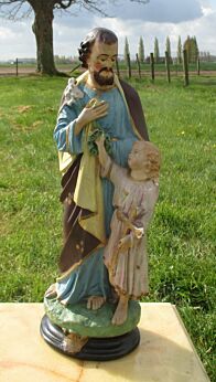 Antique Chalkware Saint Joseph Jesus Statuette Painted Plaster Child 16.93"