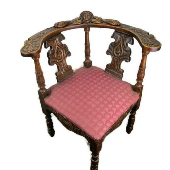 Antique Corner Armchair Fauteuil Hallway Hand Carved Wood Hobnails Carved Head