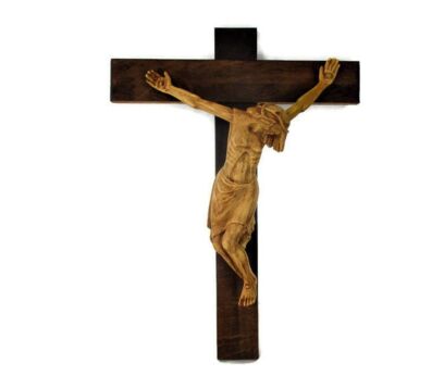 Art Sculpture Plaster Corpus Marked Hand Carved Wood Ornate Hanging Crucifix Cross Jesus Christ Gorgeous Dramatic