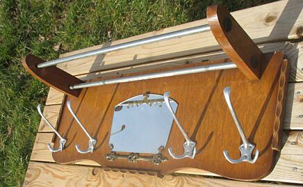 Vintage Mid Century Coat Hat Rack Decorated mirror wood Iron Brass