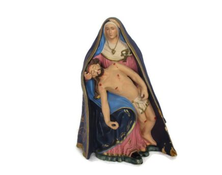 Polychrome Statue Pieta terra cotta Jesus Christ Virgin Mary Holy Mother Sculpture Vintage Neo Gothic style