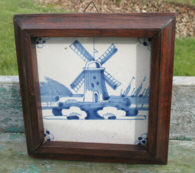 Antique 18th C. Delft Tile Dutch Blue White Windmill Framed