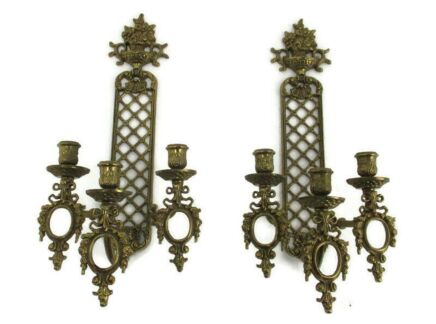 Couple Pair French Brass Wall Sconces Candelabras Victorian style  3 arms